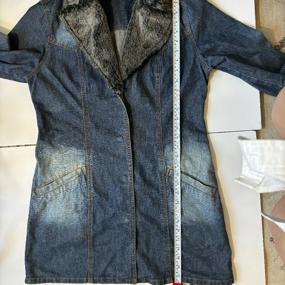 90s Denim Faux fur collard Jean jacketed Y2k vintage - Picture 6 of 8